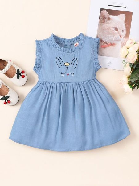 

baby cartoon rabbit print frill trim dress she, Red;yellow