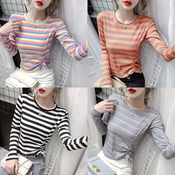 

rainbow stripe t-shirt new autumn 2020 korean fashion foreign coat t-shirt style drawstring short knitted women's long sleeve kuvvb, White;black