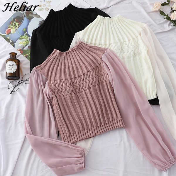 

heliar women's blouse 2020 spring casual lantern sleeve chiffon sleeve stretchy blouse fashion pit knitting slim elastic sweater1, White