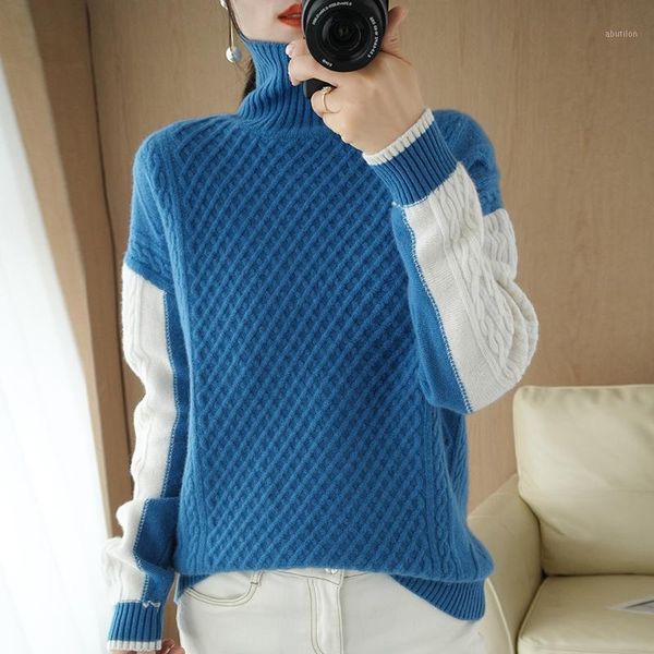 

women's sweaters turtleneck sweater women 2021 autumn and winter color matching 100% cashmere knitted wool bottoming shirt1, White;black
