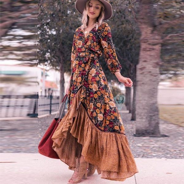 

long sleeve print retro dress women spring fall fashion empire irregular hem a-line maxi dress lugentolo1, Black;gray
