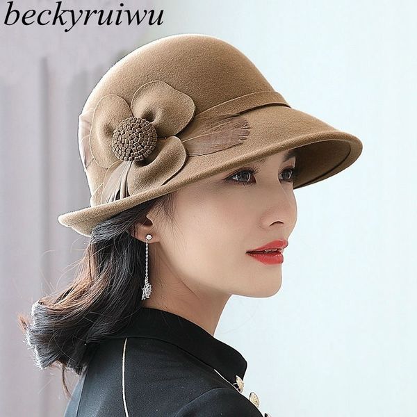 

beckyruiwu up-turn brim flower 100% wool felt hats lady banquet formal woolen fedora hat c0123, Blue;gray