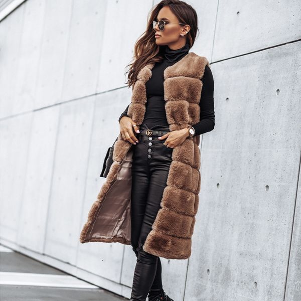 

2021 new women autumn solid color artificial fur vest coats winter casual warm round neck sleeveless jackets long tank overcoat widt, Black;white
