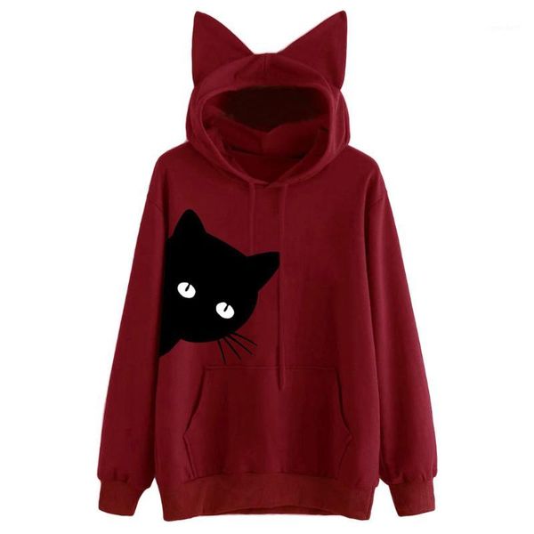 

women's hoodies & sweatshirts womens cat print long sleeve hoodie sweatshirt hooded pullover blouse 2021 women sweatshirts1, Black