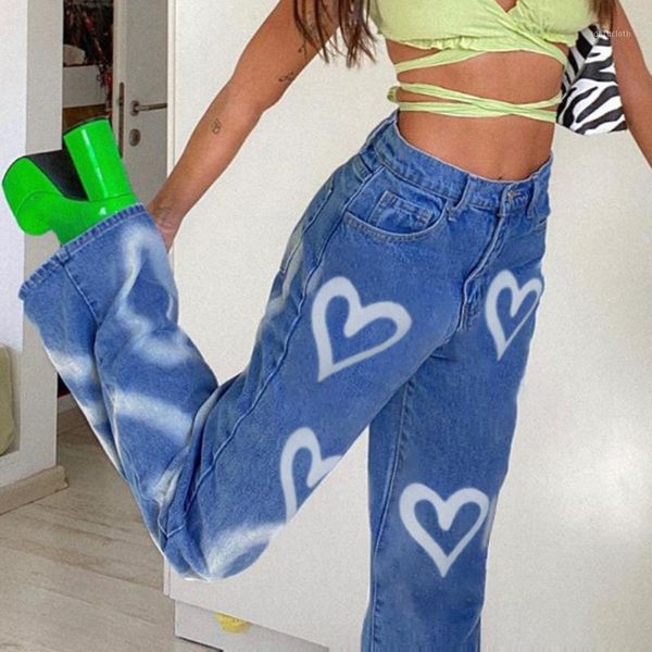 

women jeans vintage heart love printed baggy women high waist harajuku aesthetic mom jeans denim streetwear 90s trousers1, Blue