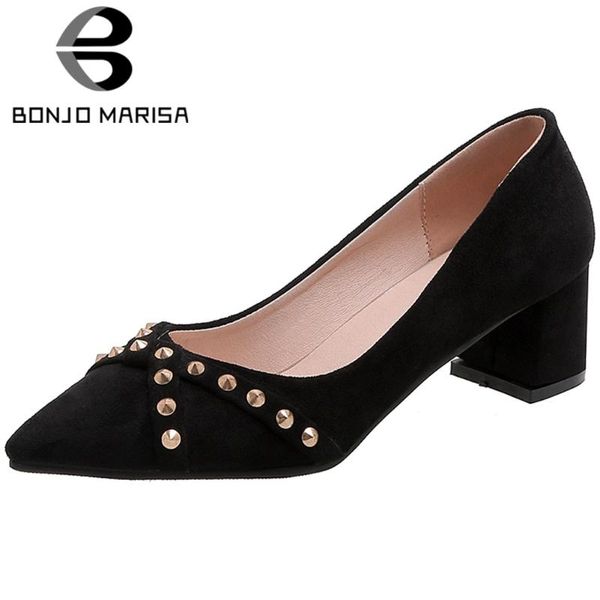 

bonjomarisa new consise female pumps spring rivet pointed toe slip on shallow pumps women high heel flock office shoes woman, Black