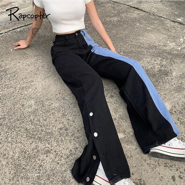 

rapcopter side split y2k jeans high waist denim pants e-girl pockets 100% cotton trousers fashion streetwear boyfriend jeans 90s, Blue