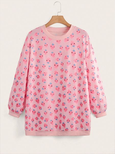 

plus cartoon & strawberry print drop shoulder longline sweatshirt n8eh#, Black