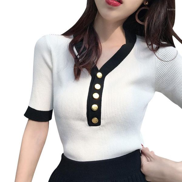 

2020 women v-neck knitted short sleeve t-shirts girls knitting large elastic basic sheath tee shirts knitwear pullover girl1, White