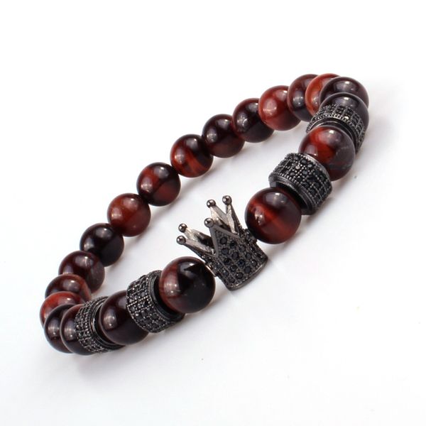 

luxury micro pave crown charm wheel natural red tiger eye stone bead strands bracelets for wholesale, Golden;silver