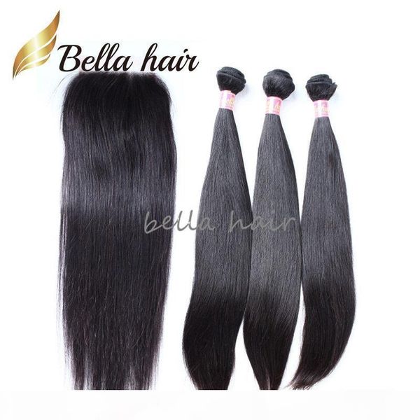 

bella hair 8a peruvian full head 4pcs virgin human hair weft 3pc+1pc closure(4*4) natural color straight human hair weaves with closure, Black