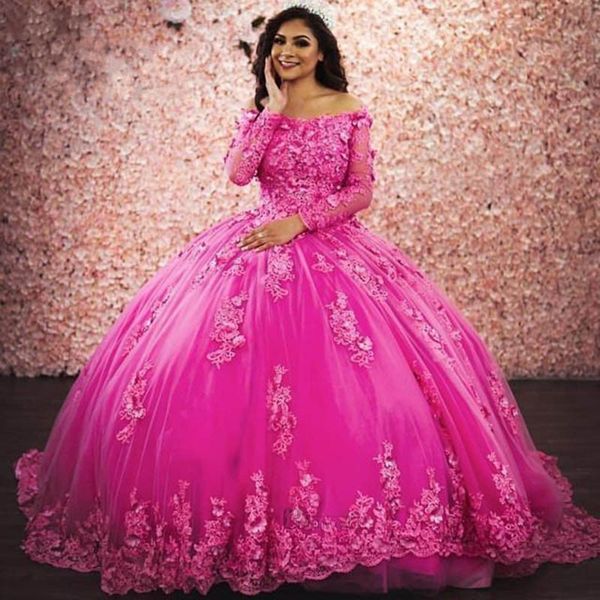 Фуксия с длинными рукавами Quinceanera платья вечерние платья кружева плюс размер 15 лет шестнадцать сладкий 16 платье платье выпускного вечера Vestidos de Graduación