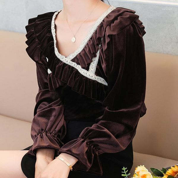 

new women ruffle flared sleeve v-neck vintage blouse elegance solid velvet shirt office lady korean chic t09822z1, White