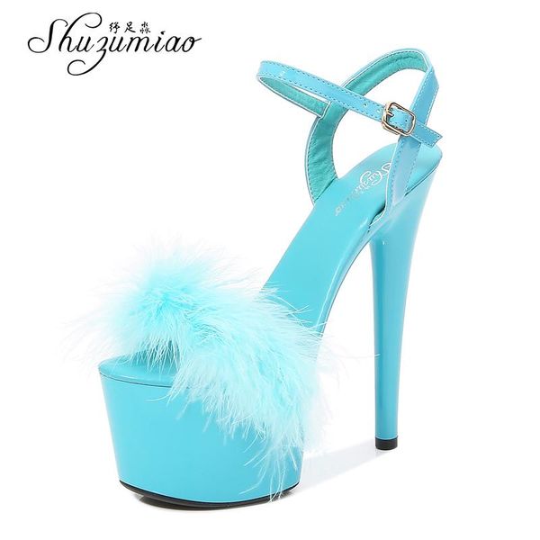 

women shoes 2021 new summer fur sandals stripers heels platform 13 15 17 20 cm high heels ladies sandals wedding shoes, Black