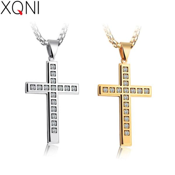 

xqni горячее инкрустированные ожерелье cz крест 2 цвета классический нержавеющей стали ювелирные изделия для мужчин choker ожерелье collier, Silver