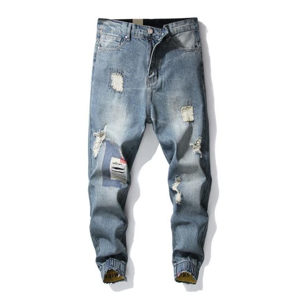 

men's jeans spring autumn 9 points men loose-fitting large size blue ripped halon pants male casual ankle banded trousers