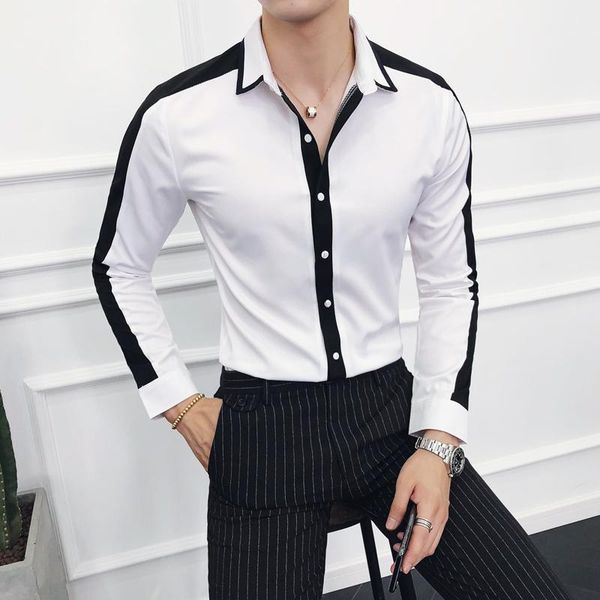 

new men dress shirt long-sleeved slim fashion contrast color stitching temperament british wind social business casual shirt1, White;black