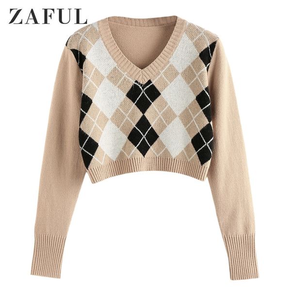 

zaful women argyle crop sweater v neck long sleeve pullover elegant knit sweater fashion autumn outwear 201224, White;black