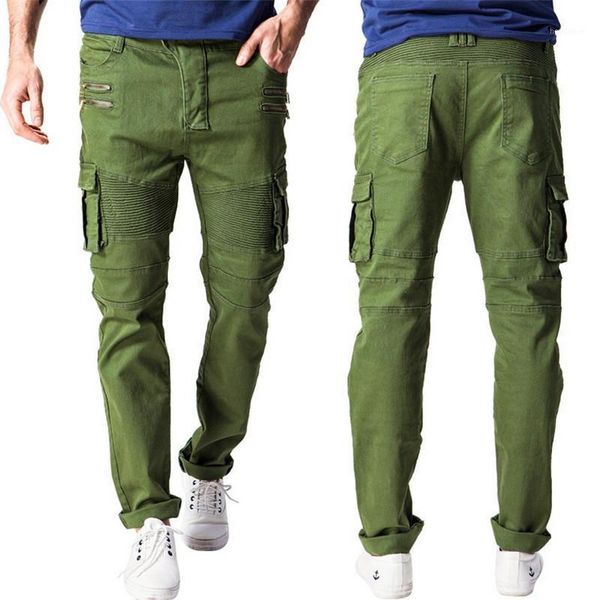 

biker jeans punk style cargo pocket jeans skinny folds stretch mens designer clothes zipper denim pants fashion green black1, Blue