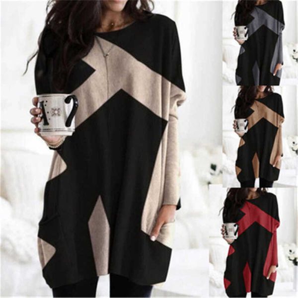 

women splicing v-neck t-shirt fashion trend long sleeve long tees designer female spring new with pocket casual loose tshirts, White