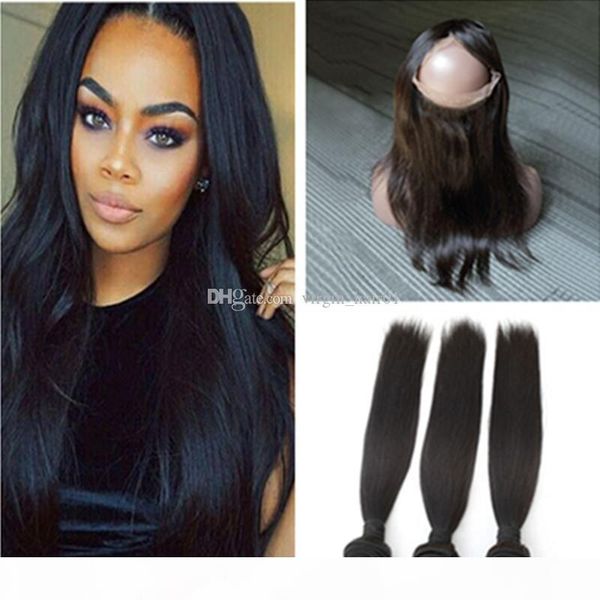 

pre plucked 360 lace frontal with bundles silk straight hair weave with 360 lace frontal 22.5*4*2 three part 360 full lace closure, Black;brown