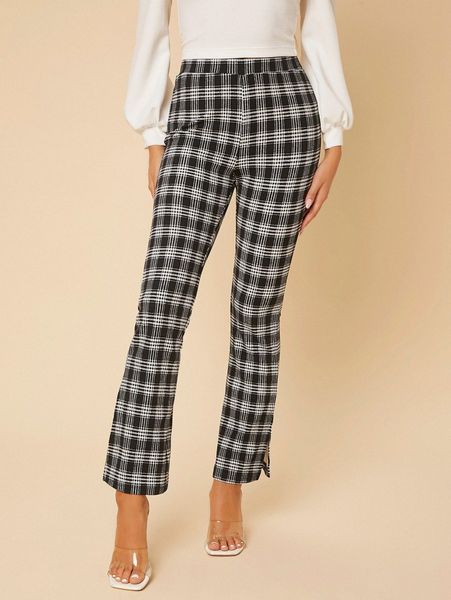 

petite plaid print split hem flare leg pants 40h9#, Black;white