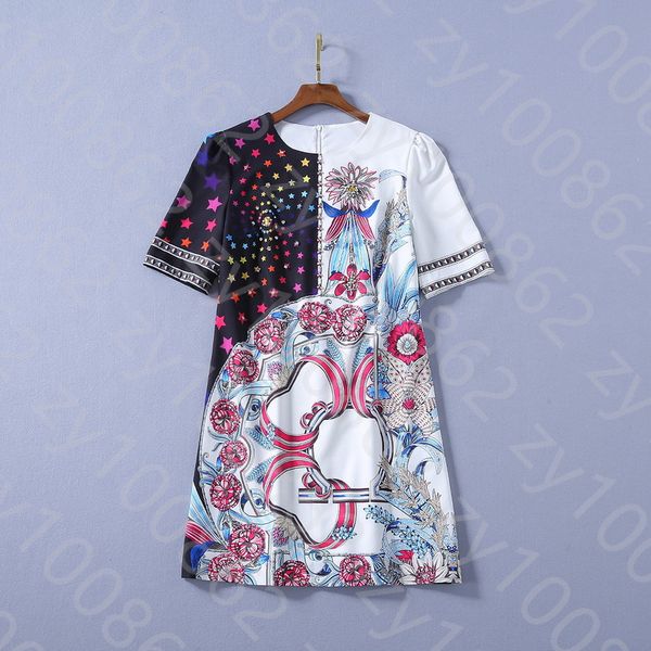 

european and american women's dress 2020 summer new styles studded star abstract printed five-minute sleeve fashionable dress, Black;gray