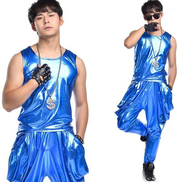 

hip hop dance costumes male blue suit set street dancing clothing ds dj costumes adults singer dancer nightclub show wear dt7771, Black;red