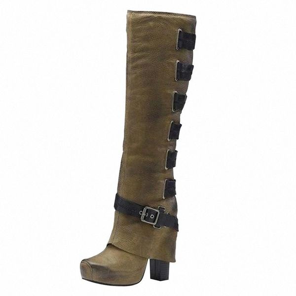 

women's buckle knee bare boots square high heel casual long tube punk #lh5w, Black