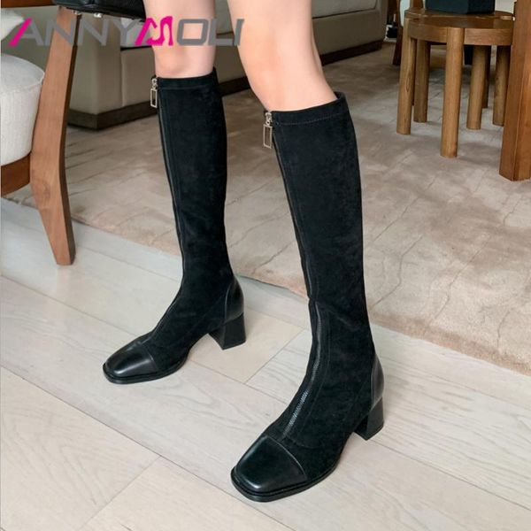 

annymoli натуральной кожи середины каблука длинные сапоги женщины колено высокие сапоги обувь площади носком zip блок heels stretch осень зи, Black