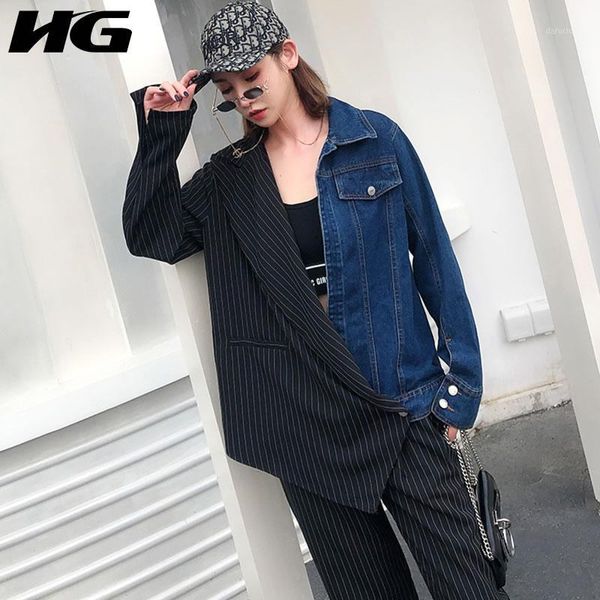

hg irregular stripe suit stitching jean jacket loose leisure long sleeve coat women fashion streetwear trend autumn zyq16351, Black;brown