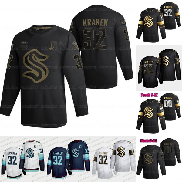 

seattle kraken 2020 veterans day black golden edition jersey 32th new team 32 kraken 21 kraken hockey jersey, Black;red