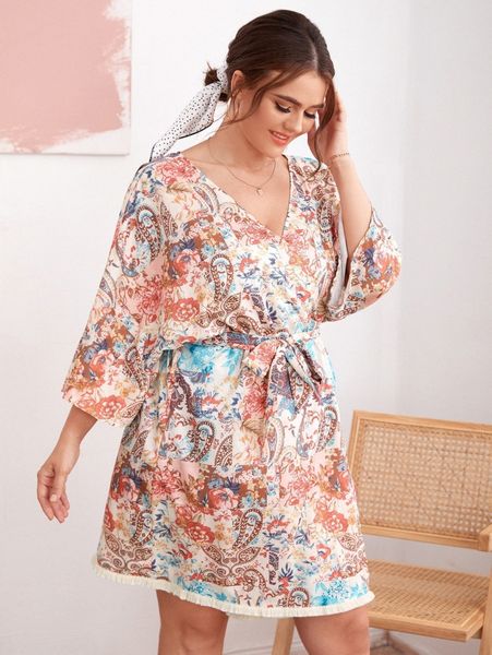 

plus floral & paisley print kimono w6x1#, Black