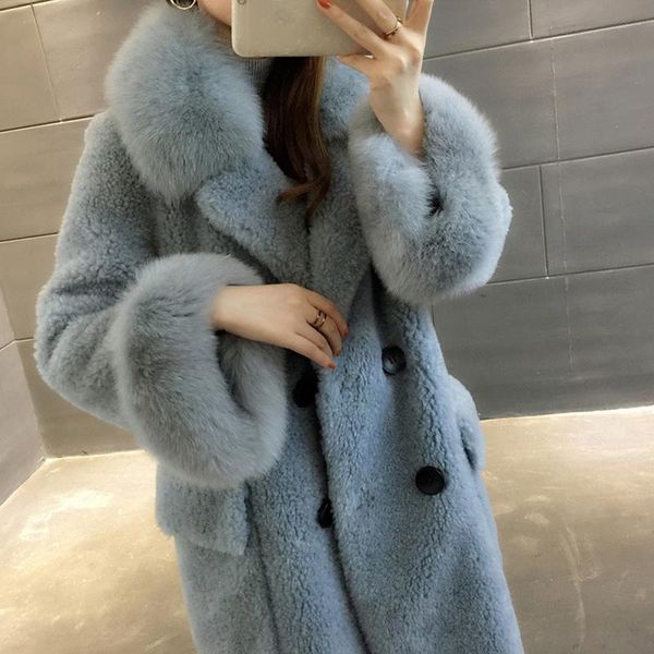 

2020 new beige wool coat women's middle long fur collar lamb jacket sheath thick warm double breasted winter female outwear, Black