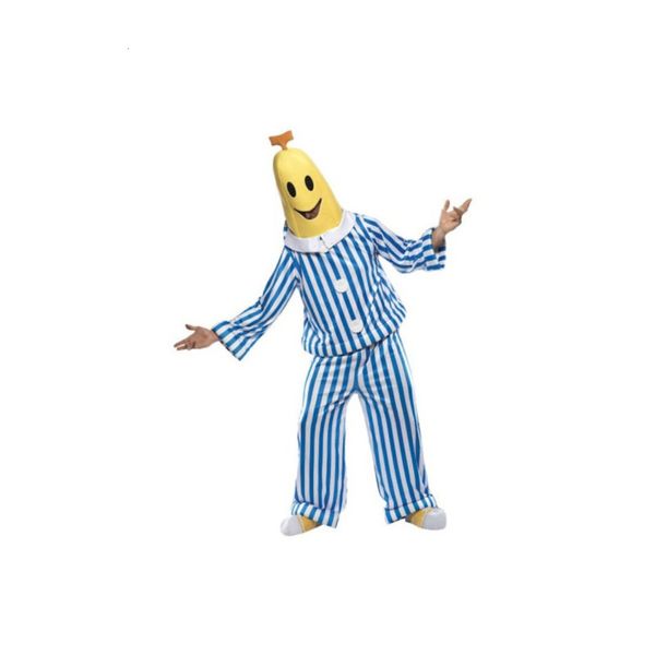 

banana costume: new costume with halloween blue and white strip, Black;gray