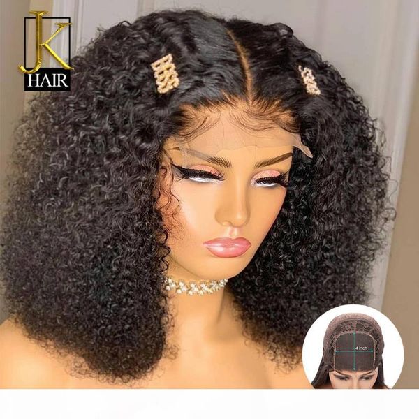 

200% density kinky curly 4*4 closure lace front human hair wigs for women black remy brazilian short bob lace wig middle part jk, Black;brown