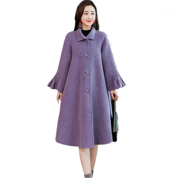 

autumn winter woolen jackets new female flare sleeve long woolen blends coat single breasted loose outwear coats fp14241, Black