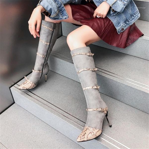 

boots pxelena patchwork stiletto thin heels knee high women buckle zip party office lady dress shoes large size 34-45 black1, Black