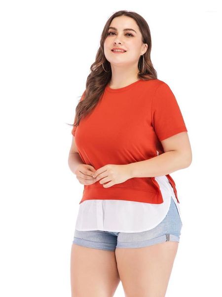 

pengpious european fashion design big size women t-shirt short sleeves cotton faux two pieces tee plus size1, White