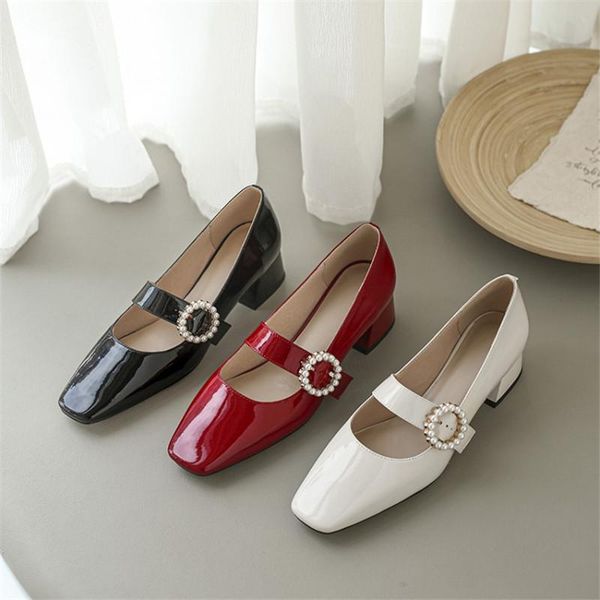 

dress shoes retro fairy style mary jane 2021 spring women's pumps patent leather square toe slip-on thick heel large size pearl button, Black