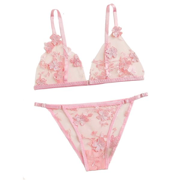 

transparent lace three-dimensional flower embroidery underwear set, Black;white