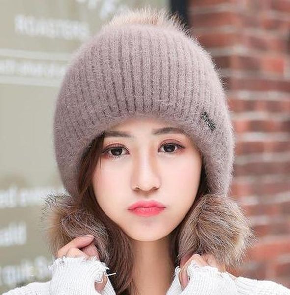 

simple girl thicken ski snow cap new fashion fur pompoms winter wool women beanie hats female skullies warm knit hat set bbyejh alice_bag, Black;white