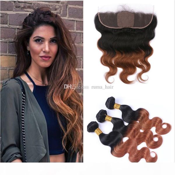 

human hair weaves silk base lace frontal with bundles #30 auburn body wave ombre hair with 13x4 lace frontal closure, Black;brown