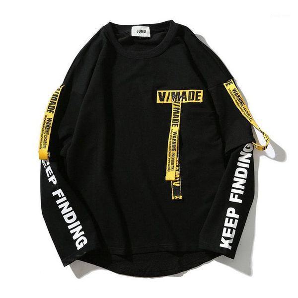

hip hop ribbon sweatshirts men 2020 spring new pullover streetwear cotton casual men sweatshirt letter printing black/white1