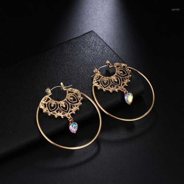 

bxw vintage trendy gold color hoop earrings for women bohemian crystal statement geometry round creole earring pierce jewelr1, Golden;silver
