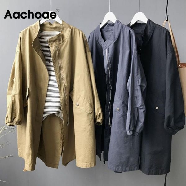 

aachoae casual solid korean trench coat women loose batwing long sleeve jacket female zipper o neck oversize trench abrigo mujer, Tan;black