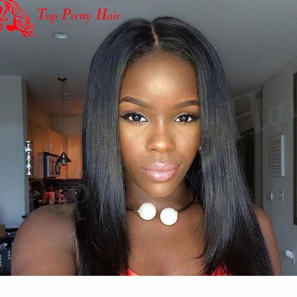 

glueless yaki lace wigs human hair pre plucked hairline light yaki full lace wigs virgin brazilian hair for african american, Black;brown