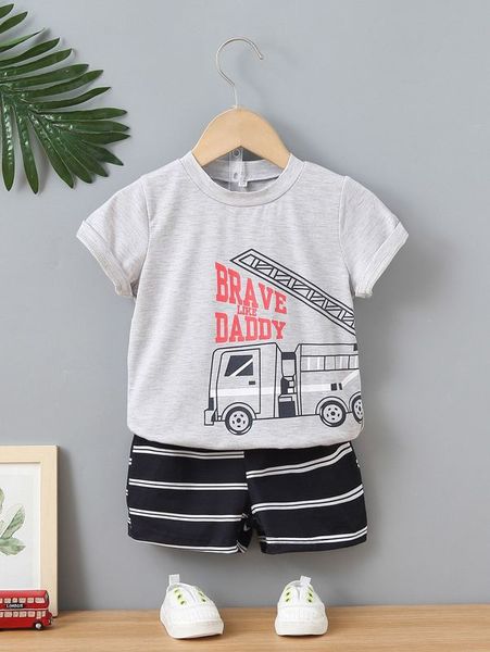 

toddler boys letter & car print tee & striped shorts she, White