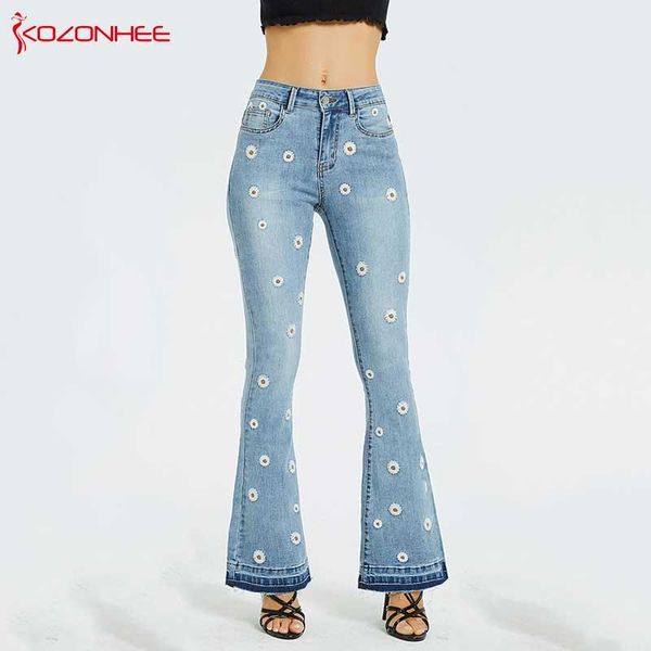 

embroidery low waist elastic flare jeans women retro style bell bottom skinny jeans female blue wide leg denim pants plus size