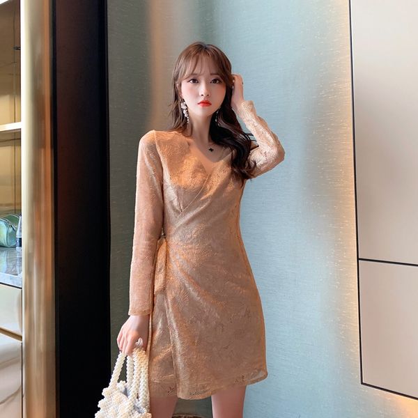 

2020 autumn small dress new socialite women's v-neck lace mesh gold lace small dress 3613 ewsaw, Black;gray